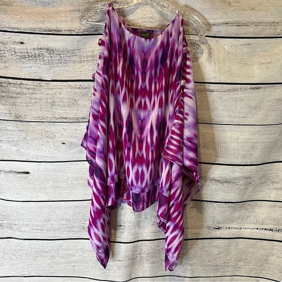 Chico's Fuchsia Purple Ikat Tunic Top Cold Shoulder Gold Thread Uzbek Boho Shawl - Picture 4 of 9